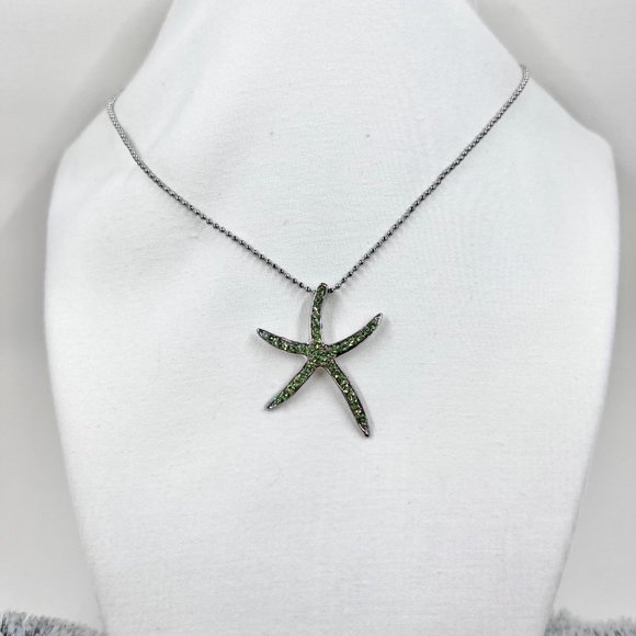 Green Jeweled Starfish Pendant Silver Tone 16” Ball Chain Necklace - Picture 3 of 7